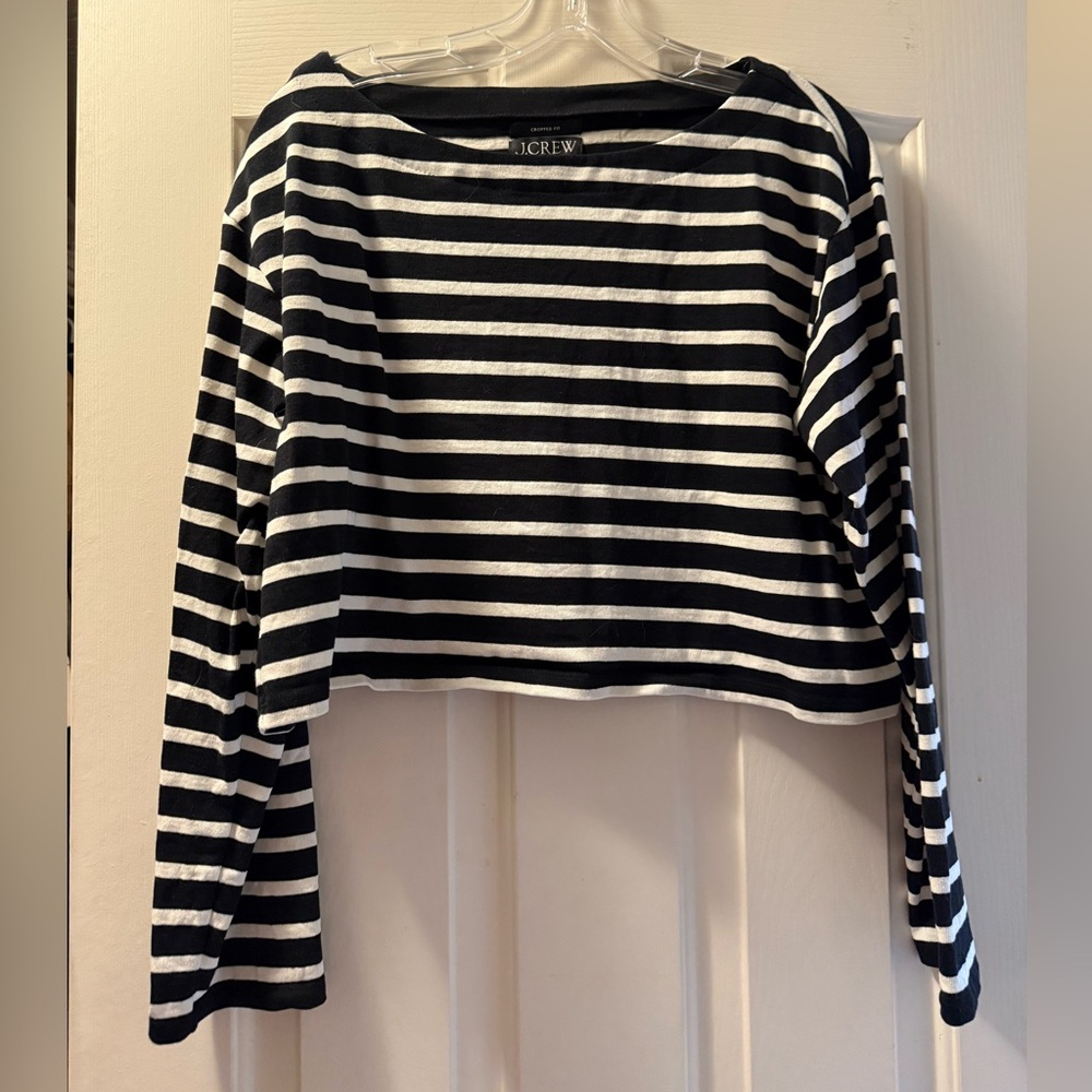 J.Crew Black and White Striped Long Sleeve Cropped Women's Top